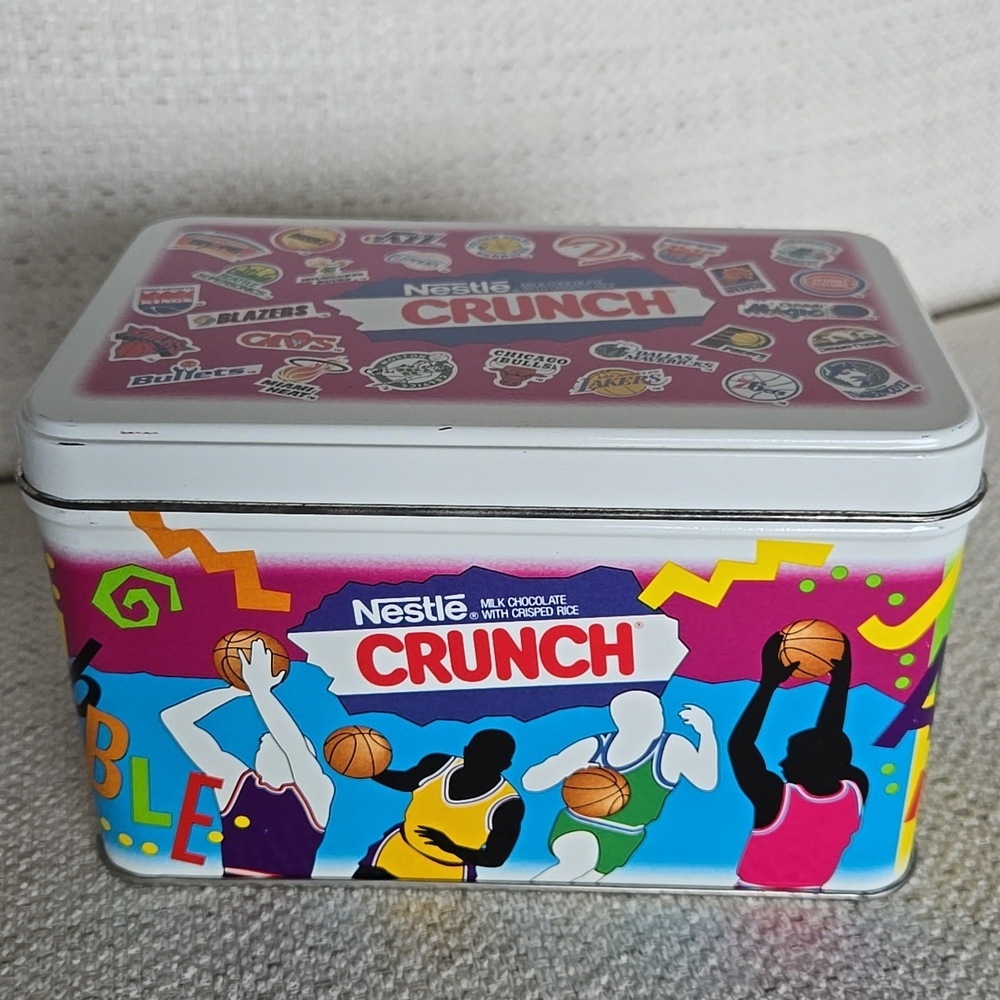 Vintage 1990s NBA Nestlé Crunch Tin Recipe Box Storage Collect Kitchen Nostalgia